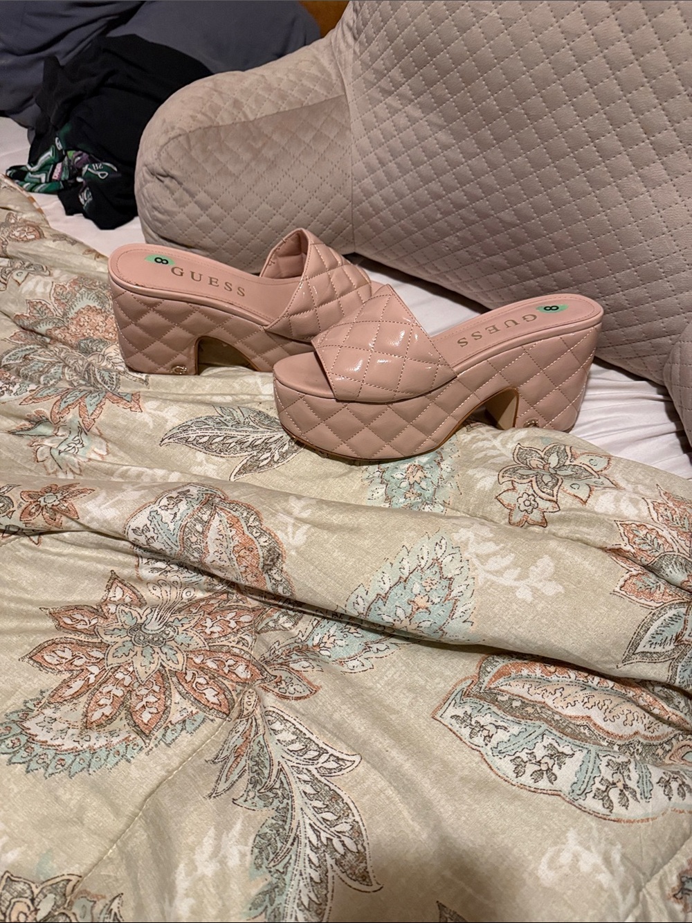 GUESS Quilted Blush Platform Slide Heels